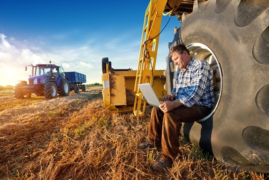 Farmer with laptop in field at sunset.