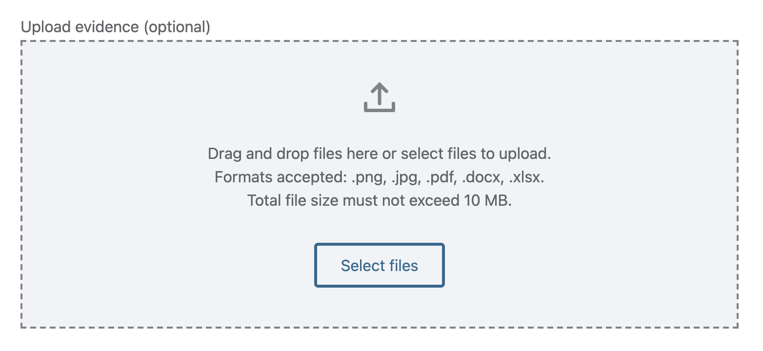 Screenshot from submit evidence page showing option to select files to upload. Formats accepted: png, jpeg, pdf, docx, xlsx. Total file size no more than 10 MB.